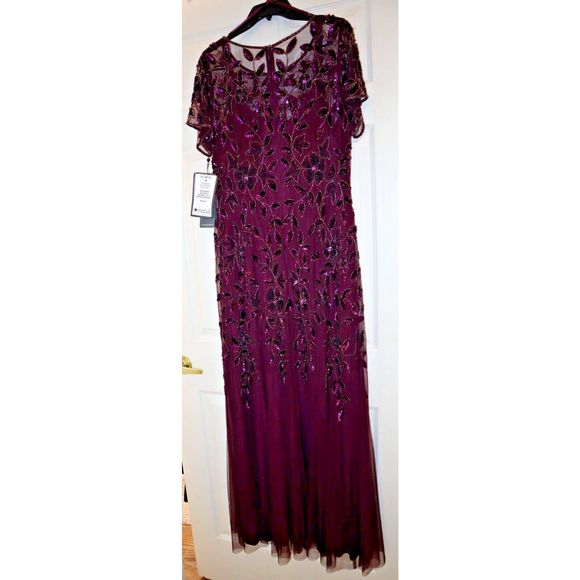 Adrianna Papell Plus Sz 16W Night Plum Hand Beaded S/S Floral Godet Gown $379 - Picture 8 of 10